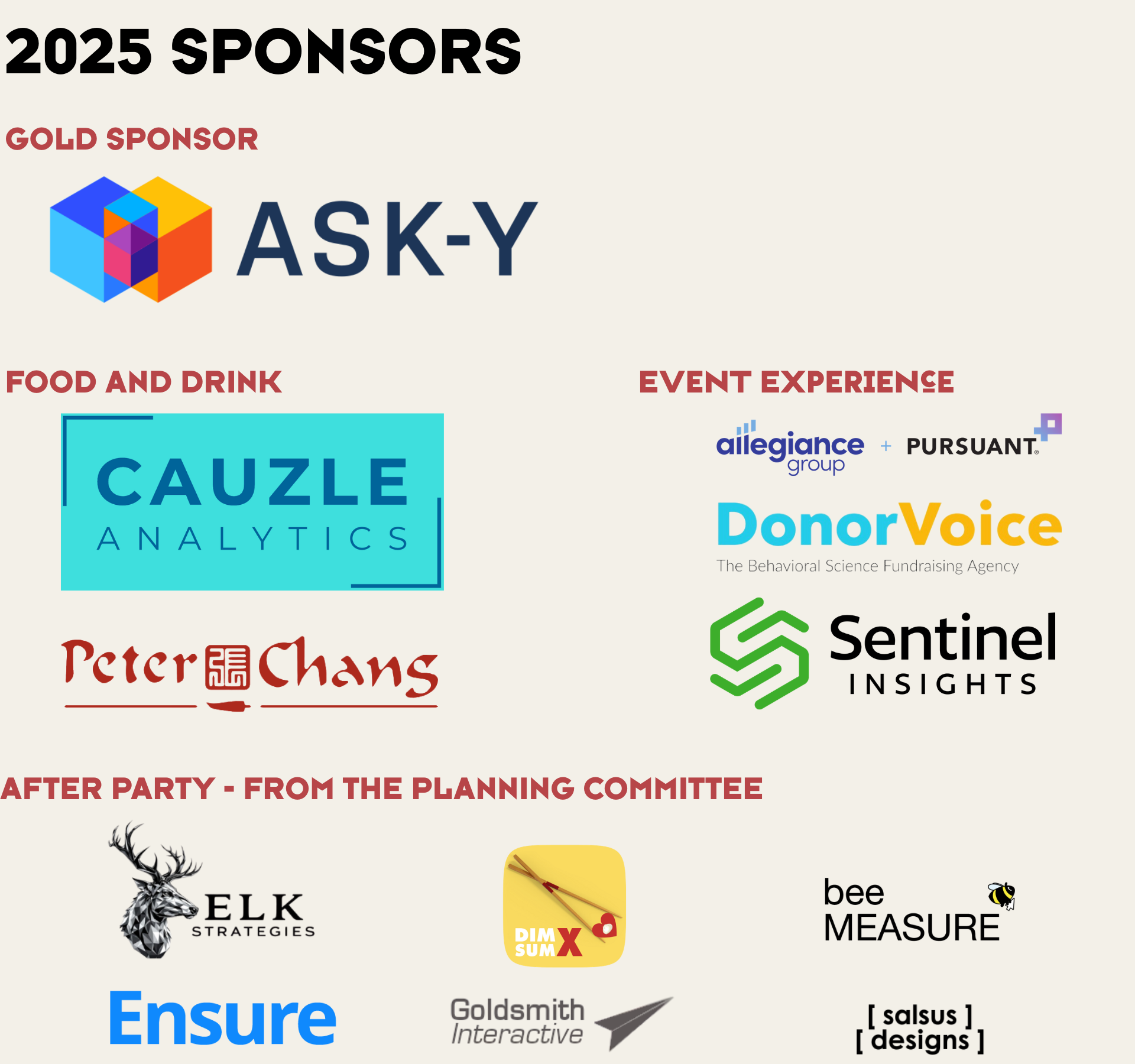 2025 MeasureCamp DC Sponsors: ASK-Y, Cauzle Analytics, Peter Change, Allegiance Group + Pursuant, Donor Voice, Sentinel Insights, Elk Strategies, Ensure, DimSumX, Bee Measure, Goldsmith Interactive, salsus designs